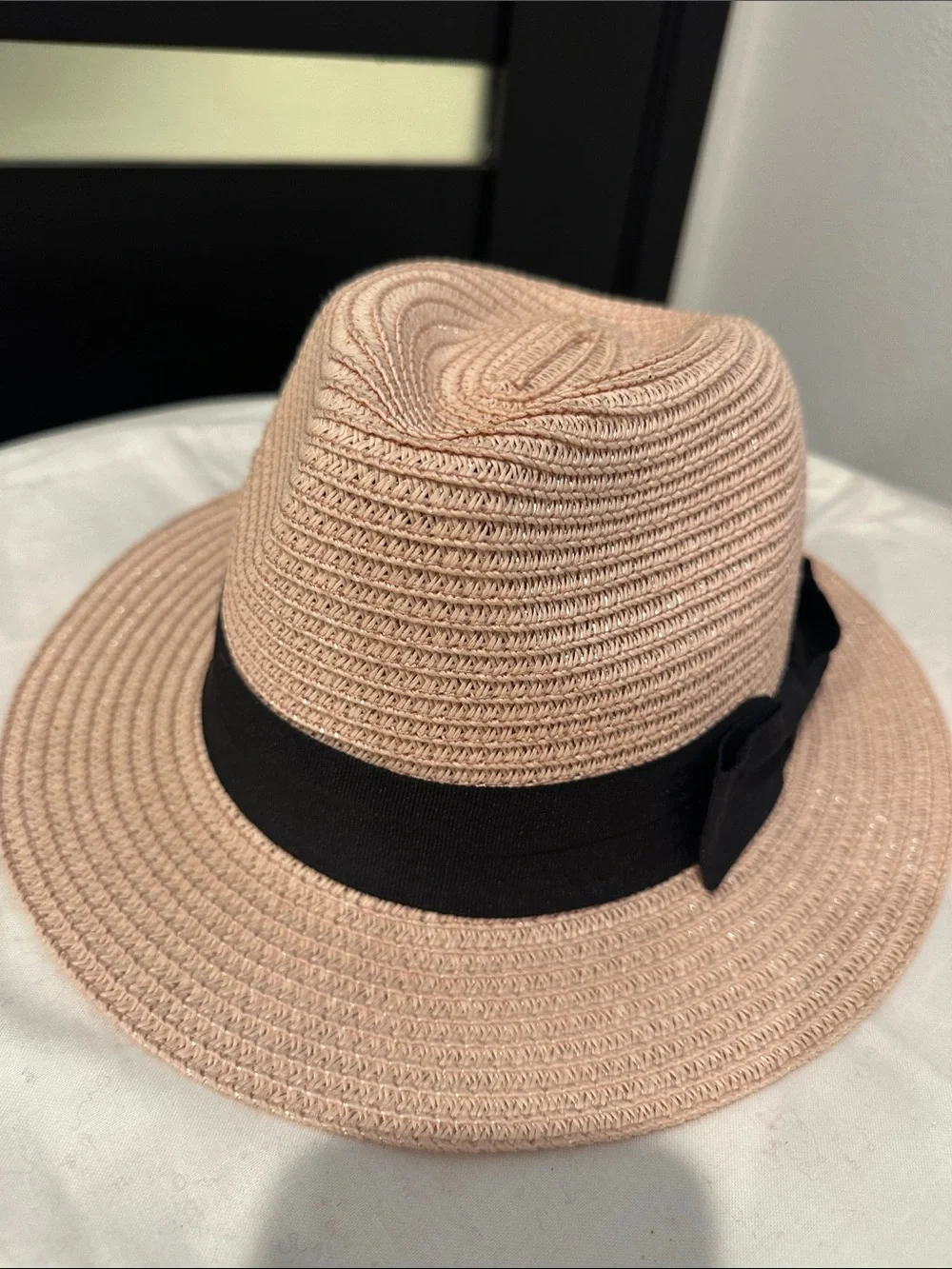 Woven Straw Panama Hat with Black Band - Blush Pink